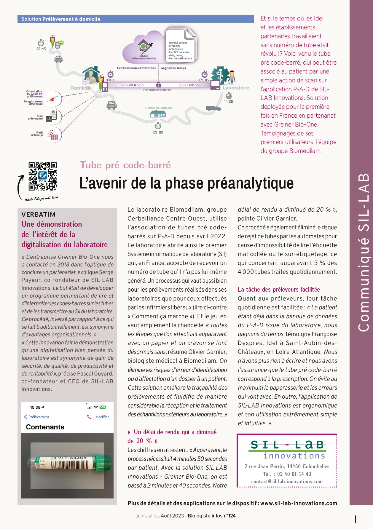 Sil Lab Tube pré code-barré L’avenir de la phase préanalytique